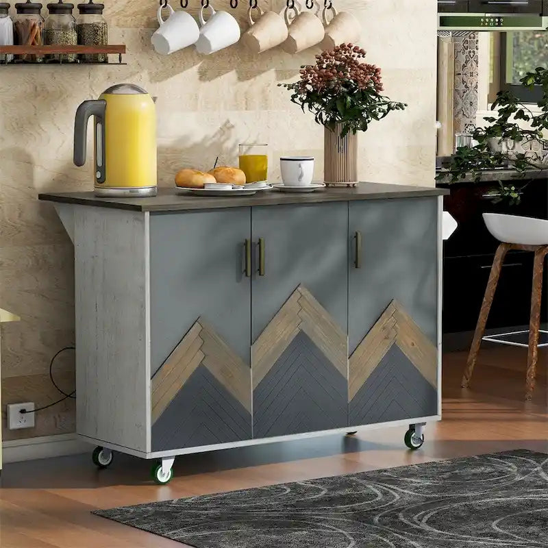 Retro Mountain Wood Kitchen Island with Drop Leaf, Storage Rack