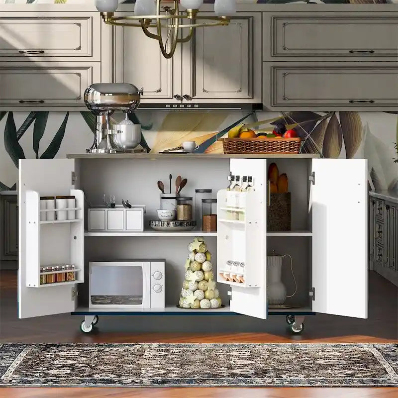 Retro Mountain Wood Kitchen Island with Drop Leaf, Storage Rack