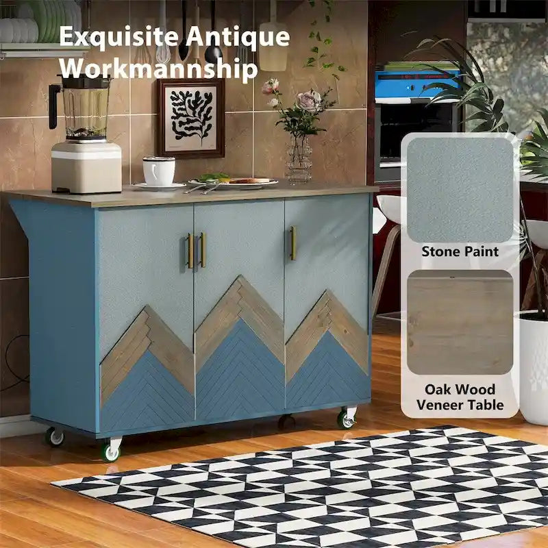 Retro Mountain Wood Kitchen Island with Drop Leaf, Storage Rack