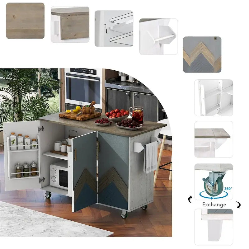 Retro Mountain Wood Kitchen Island with Drop Leaf, Storage Rack