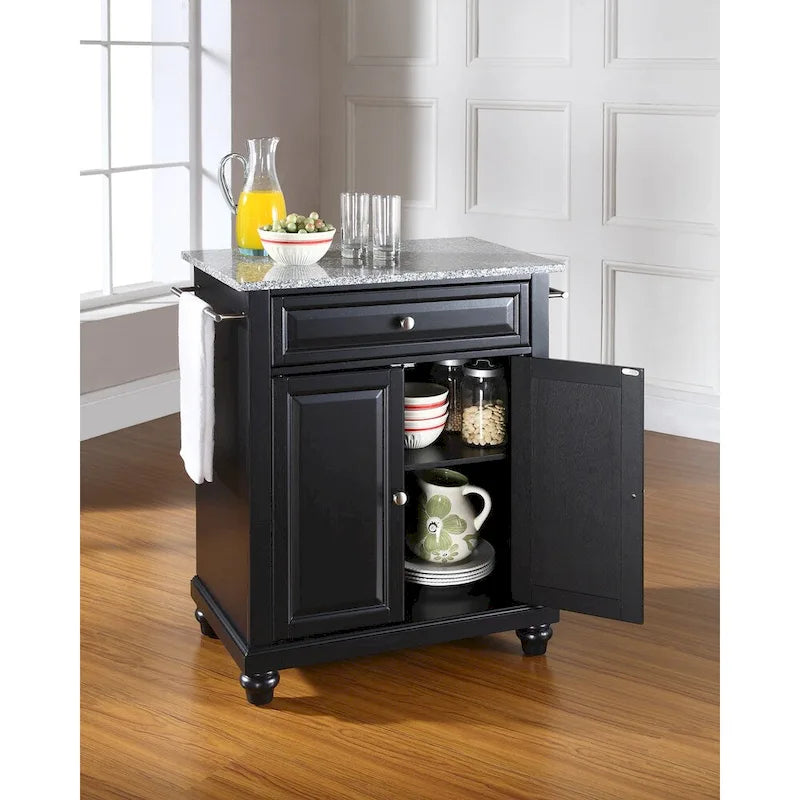 Solid Granite Top Portable Kitchen Island, Black Finish - 18D x 31W x 35H