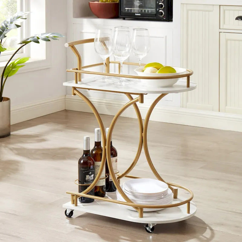 2-Tier Bar Cart on Wheels, Modern Mobile Bar Trolley Serving Cart with Wine Rack, White+Gold