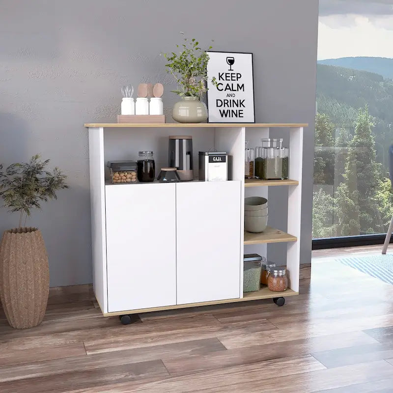 Kitchen Cart with Four Casters, Four Open Shelves, Double Door Cabinet - Light Oak / White
