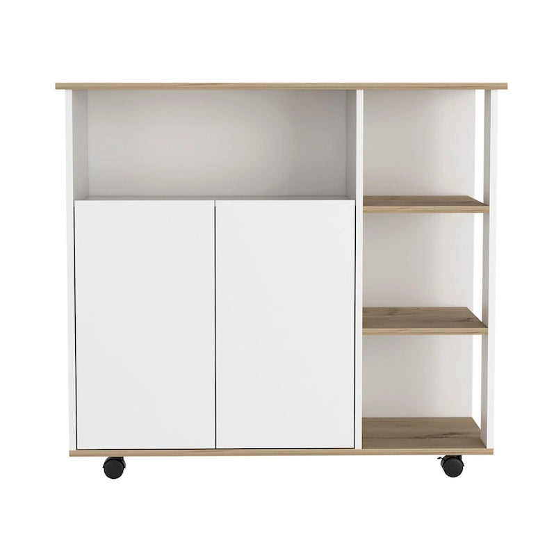 Kitchen Cart with Four Casters, Four Open Shelves, Double Door Cabinet - Light Oak / White