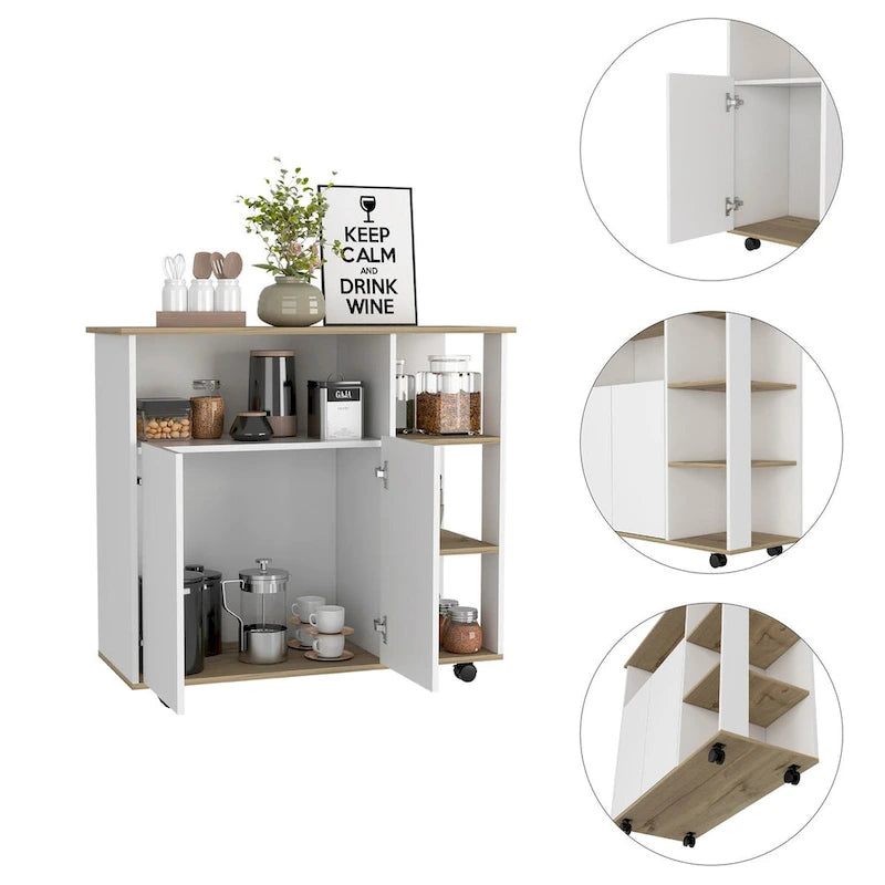Kitchen Cart with Four Casters, Four Open Shelves, Double Door Cabinet - Light Oak / White