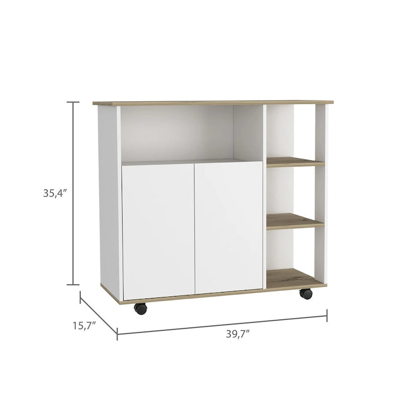 Kitchen Cart with Four Casters, Four Open Shelves, Double Door Cabinet - Light Oak / White