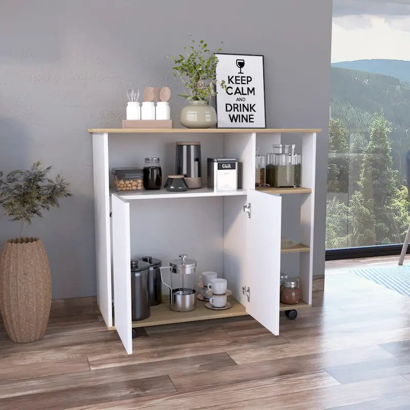 Kitchen Cart with Four Casters, Four Open Shelves, Double Door Cabinet - Light Oak / White