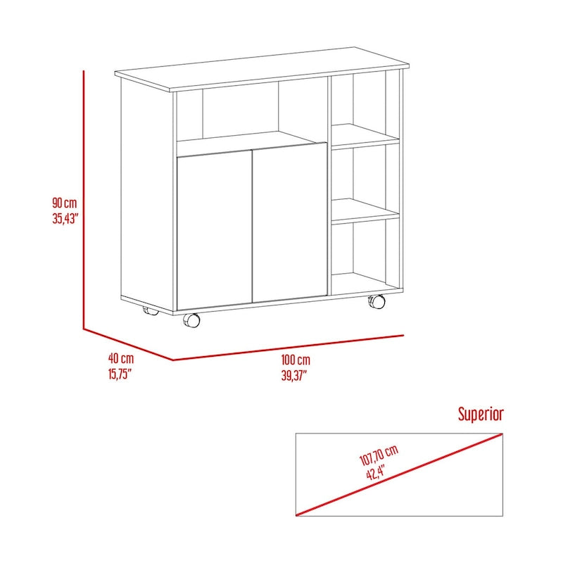 Kitchen Cart with Four Casters, Four Open Shelves, Double Door Cabinet - Light Oak / White