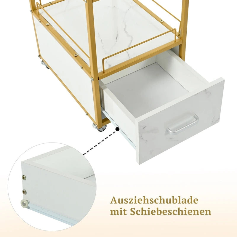 3-Tier Storage Cart with Drawer, Trolley on Wheels with Faux Marble Board and Metal Frame for Kitchen/Beauty Salon/Home Office
