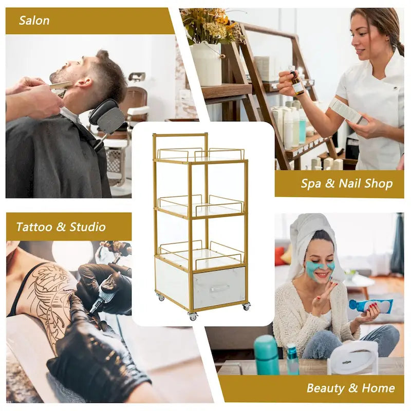 3-Tier Storage Cart with Drawer, Trolley on Wheels with Faux Marble Board and Metal Frame for Kitchen/Beauty Salon/Home Office