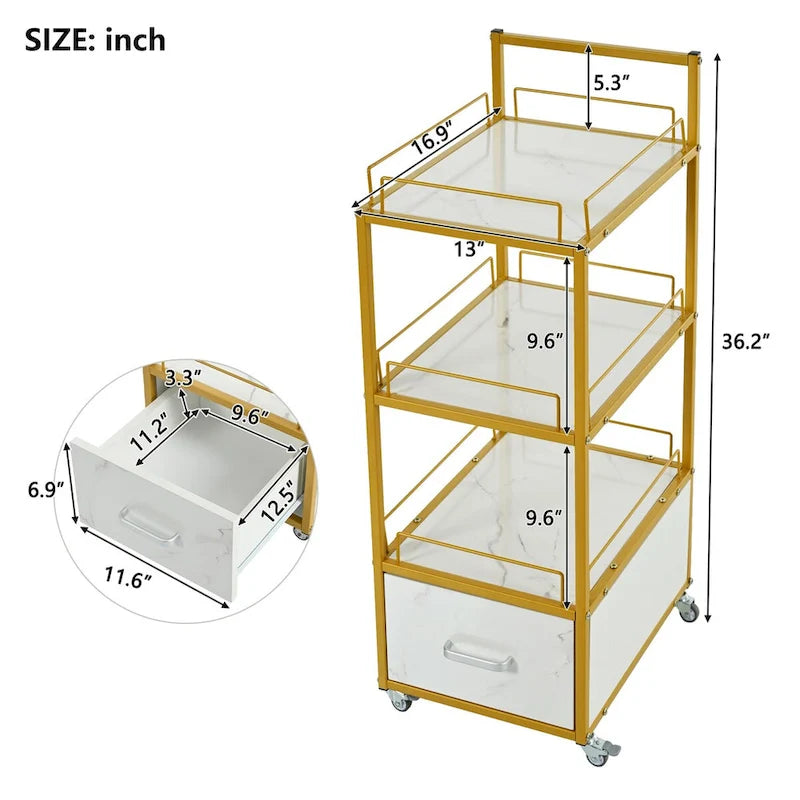 3-Tier Storage Cart with Drawer, Trolley on Wheels with Faux Marble Board and Metal Frame for Kitchen/Beauty Salon/Home Office