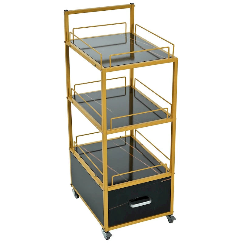 3-Tier Storage Cart with Drawer, Trolley on Wheels with Faux Marble Board and Metal Frame for Kitchen/Beauty Salon/Home Office