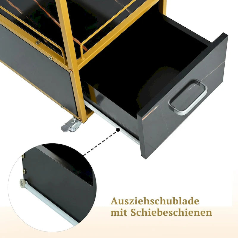3-Tier Storage Cart with Drawer, Trolley on Wheels with Faux Marble Board and Metal Frame for Kitchen/Beauty Salon/Home Office
