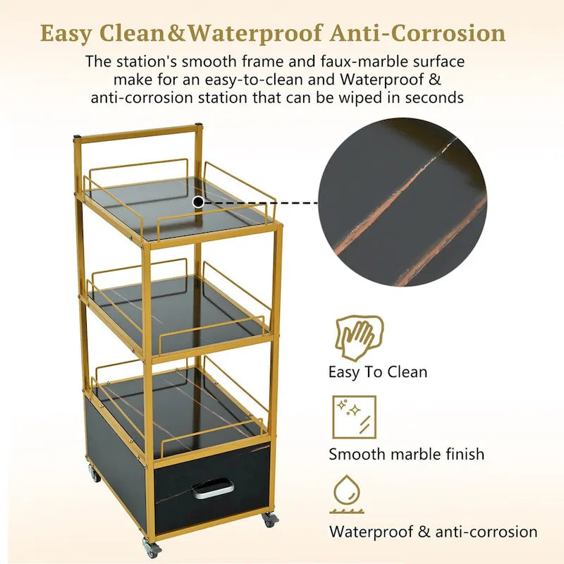 3-Tier Storage Cart with Drawer, Trolley on Wheels with Faux Marble Board and Metal Frame for Kitchen/Beauty Salon/Home Office