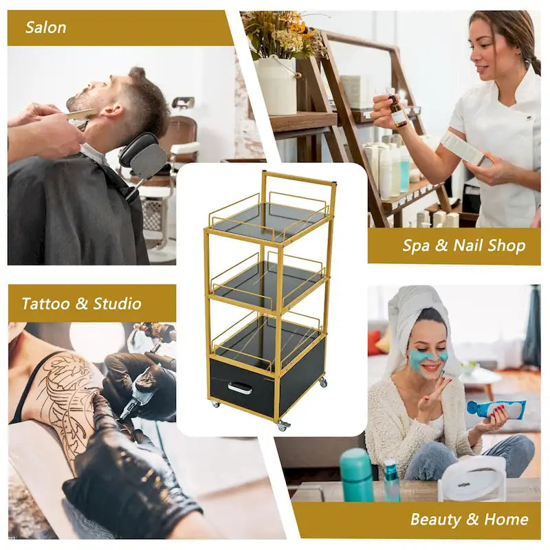 3-Tier Storage Cart with Drawer, Trolley on Wheels with Faux Marble Board and Metal Frame for Kitchen/Beauty Salon/Home Office