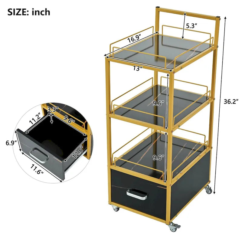 3-Tier Storage Cart with Drawer, Trolley on Wheels with Faux Marble Board and Metal Frame for Kitchen/Beauty Salon/Home Office