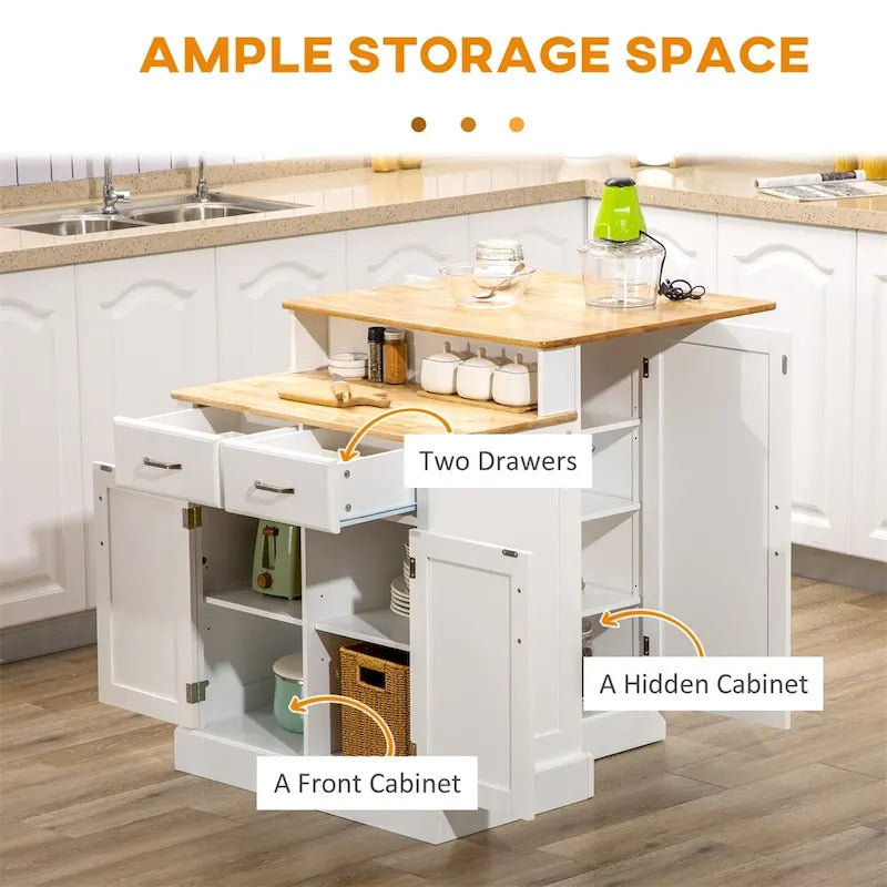 Kitchen Island w/Storage Cabinet and Rubber Wood Tabletop,Island Table