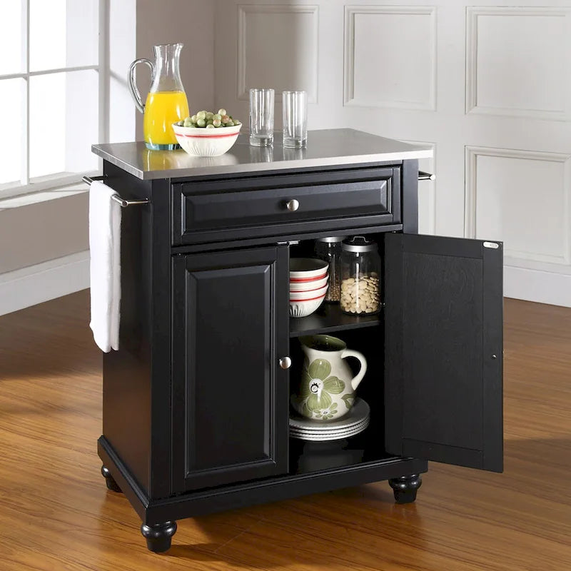 Stainless Steel Top Portable Kitchen Island, Black Finish