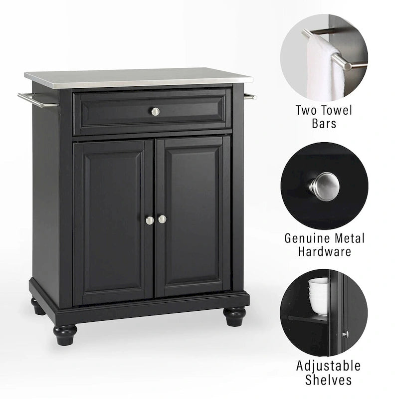 Stainless Steel Top Portable Kitchen Island, Black Finish