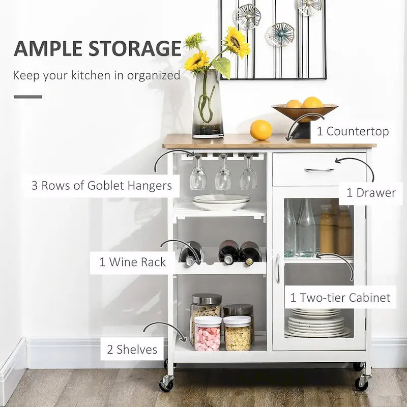 Rolling Kitchen Island with Storage, Wine Rack, Shelves, Drawer, and Cabinet