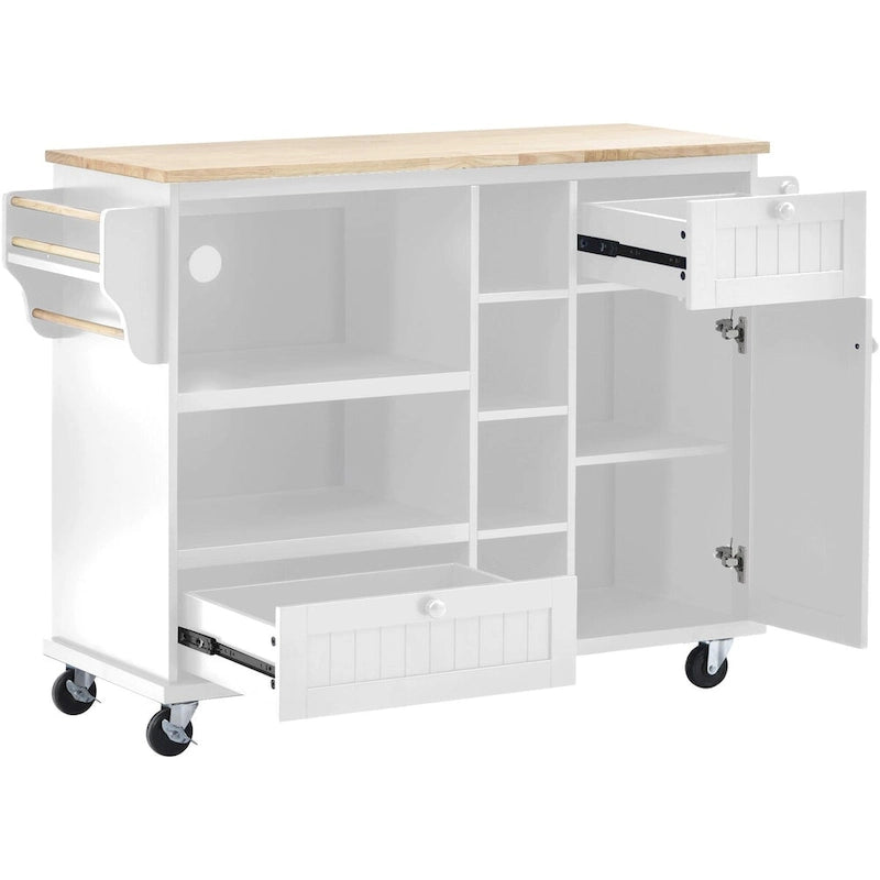 Rubberwood Kitchen Cart with Drop Leaf, Microwave storage rack, Exterior Shelves, and 2 drawers