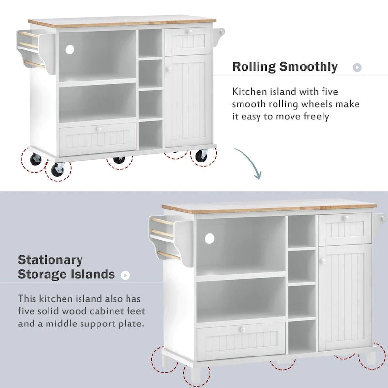 Rubberwood Kitchen Cart with Drop Leaf, Microwave storage rack, Exterior Shelves, and 2 drawers
