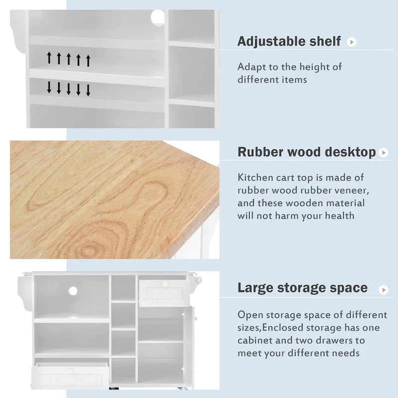 Rubberwood Kitchen Cart with Drop Leaf, Microwave storage rack, Exterior Shelves, and 2 drawers