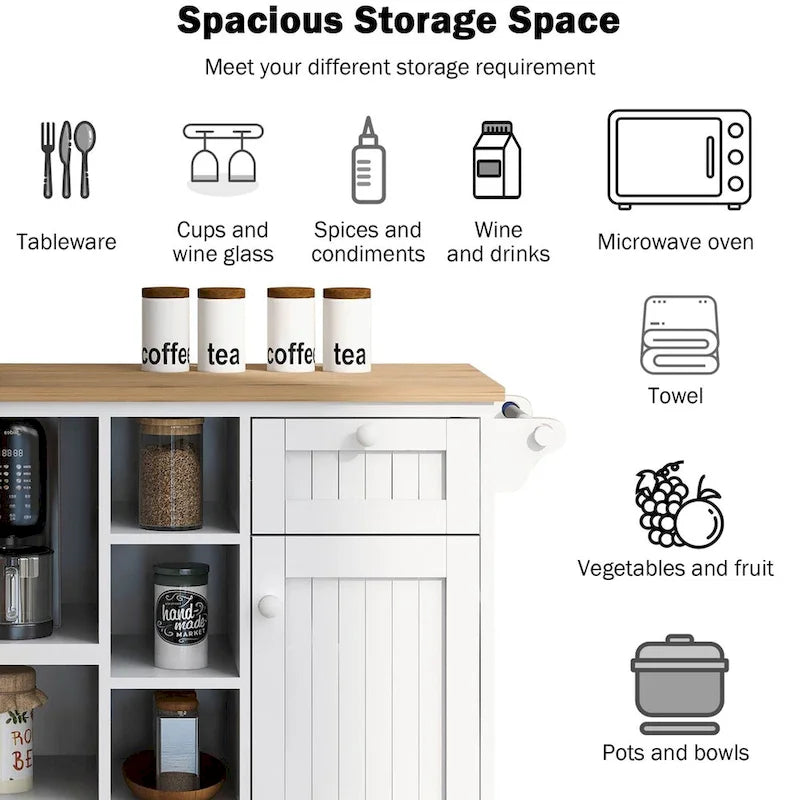 Rubberwood Kitchen Cart with Drop Leaf, Microwave storage rack, Exterior Shelves, and 2 drawers