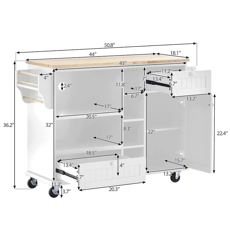 Rubberwood Kitchen Cart with Drop Leaf, Microwave storage rack, Exterior Shelves, and 2 drawers