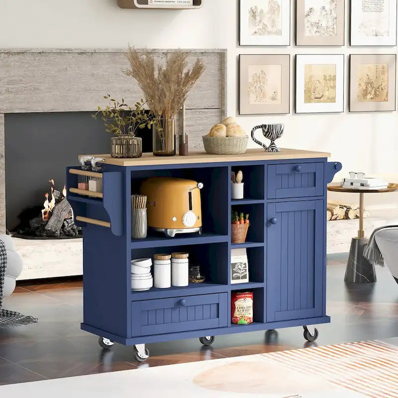 Rubberwood Kitchen Cart with Drop Leaf, Microwave storage rack, Exterior Shelves, and 2 drawers