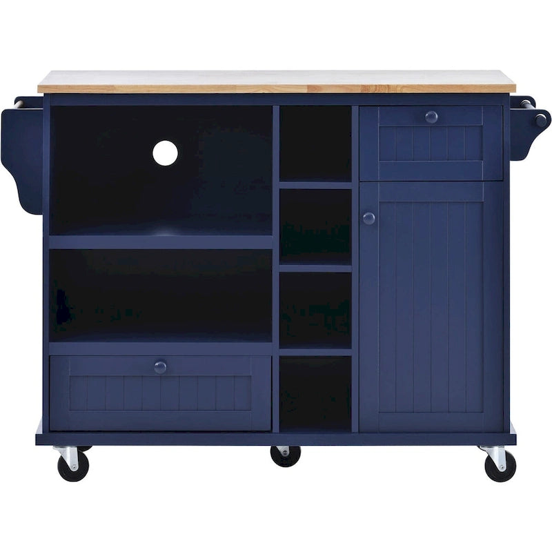 Rubberwood Kitchen Cart with Drop Leaf, Microwave storage rack, Exterior Shelves, and 2 drawers