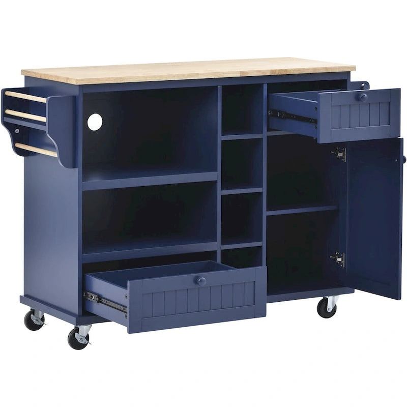 Rubberwood Kitchen Cart with Drop Leaf, Microwave storage rack, Exterior Shelves, and 2 drawers