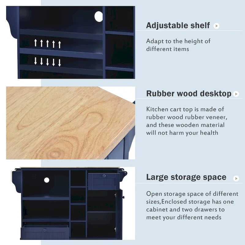 Rubberwood Kitchen Cart with Drop Leaf, Microwave storage rack, Exterior Shelves, and 2 drawers