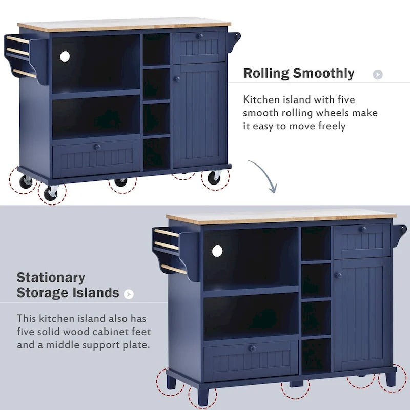 Rubberwood Kitchen Cart with Drop Leaf, Microwave storage rack, Exterior Shelves, and 2 drawers