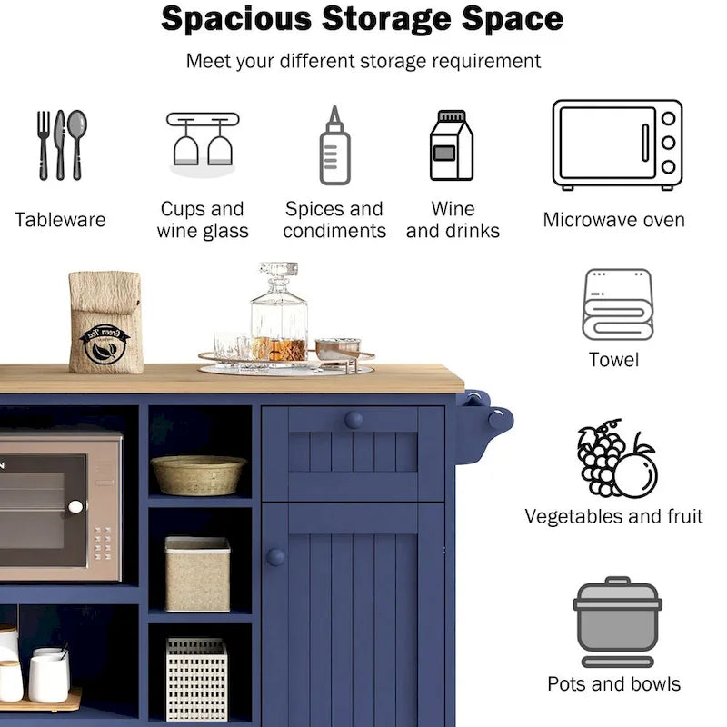 Rubberwood Kitchen Cart with Drop Leaf, Microwave storage rack, Exterior Shelves, and 2 drawers