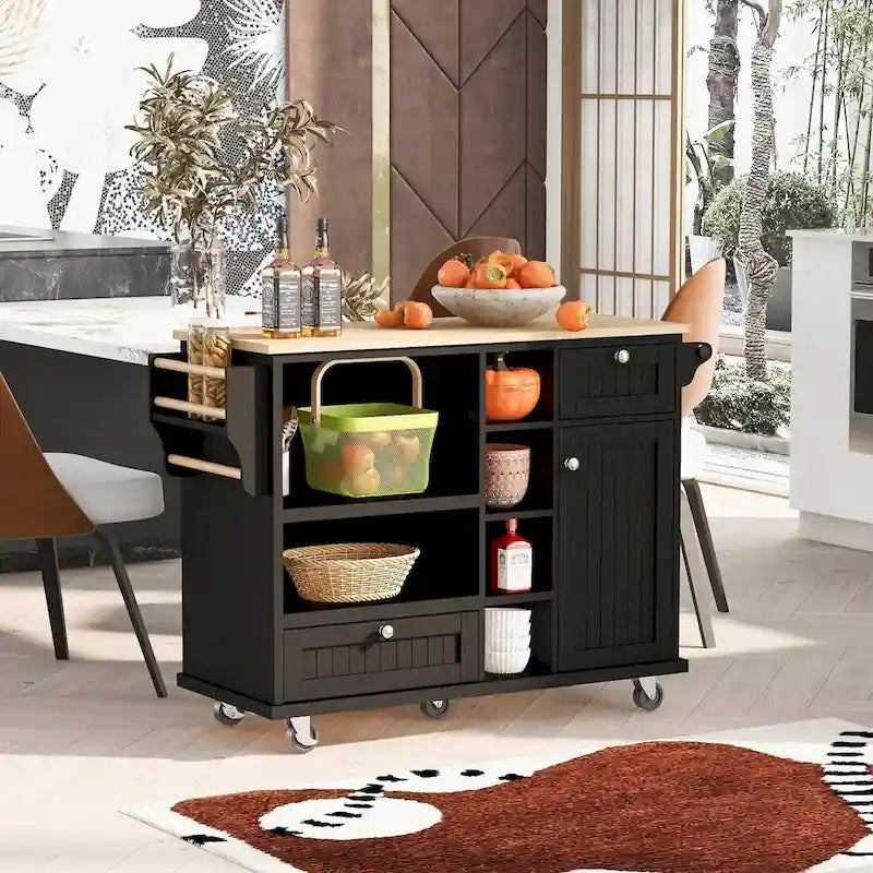 Rubberwood Kitchen Cart with Drop Leaf, Microwave storage rack, Exterior Shelves, and 2 drawers