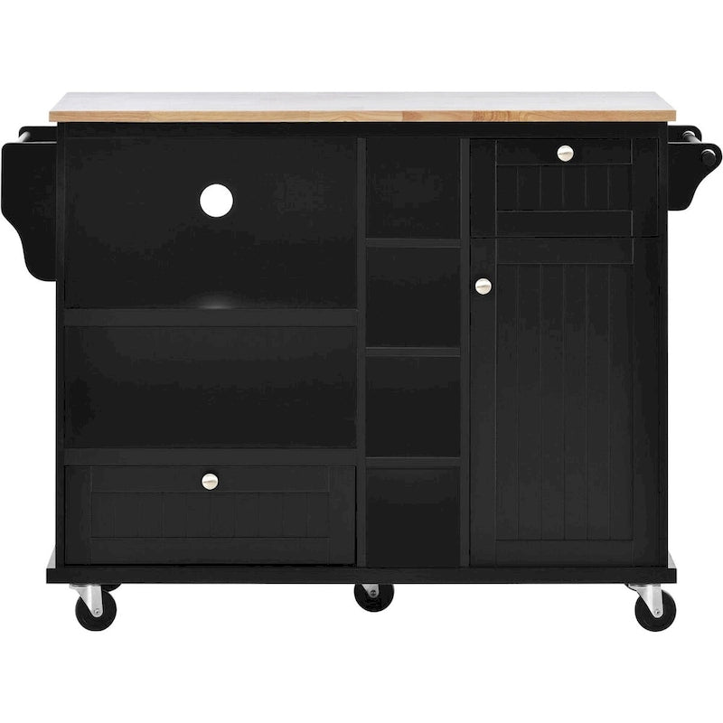 Rubberwood Kitchen Cart with Drop Leaf, Microwave storage rack, Exterior Shelves, and 2 drawers