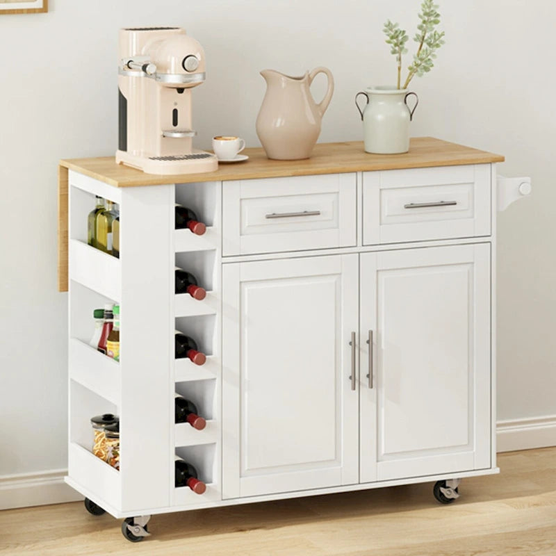 Multi-Functional Kitchen Island Cart with Spice Rack, Towel Holder, Wine Rack, and Foldable Rubberwood Table Top