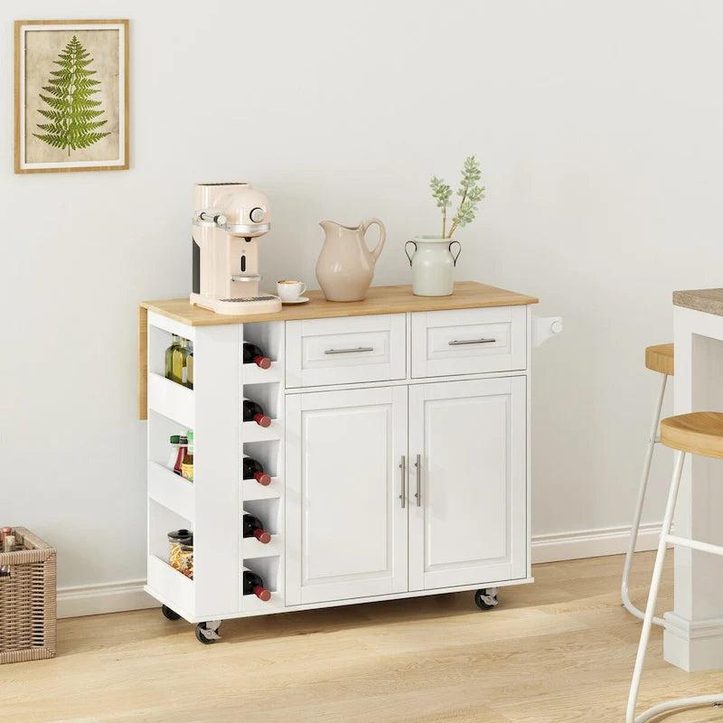 Multi-Functional Kitchen Island Cart with Spice Rack, Towel Holder, Wine Rack, and Foldable Rubberwood Table Top