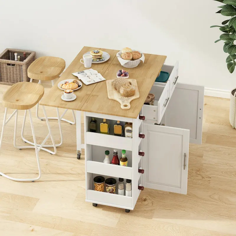 Multi-Functional Kitchen Island Cart with Spice Rack, Towel Holder, Wine Rack, and Foldable Rubberwood Table Top