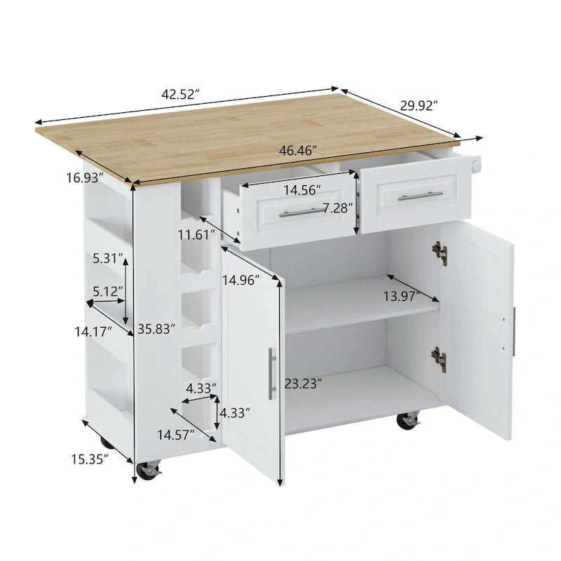 Multi-Functional Kitchen Island Cart with Spice Rack, Towel Holder, Wine Rack, and Foldable Rubberwood Table Top