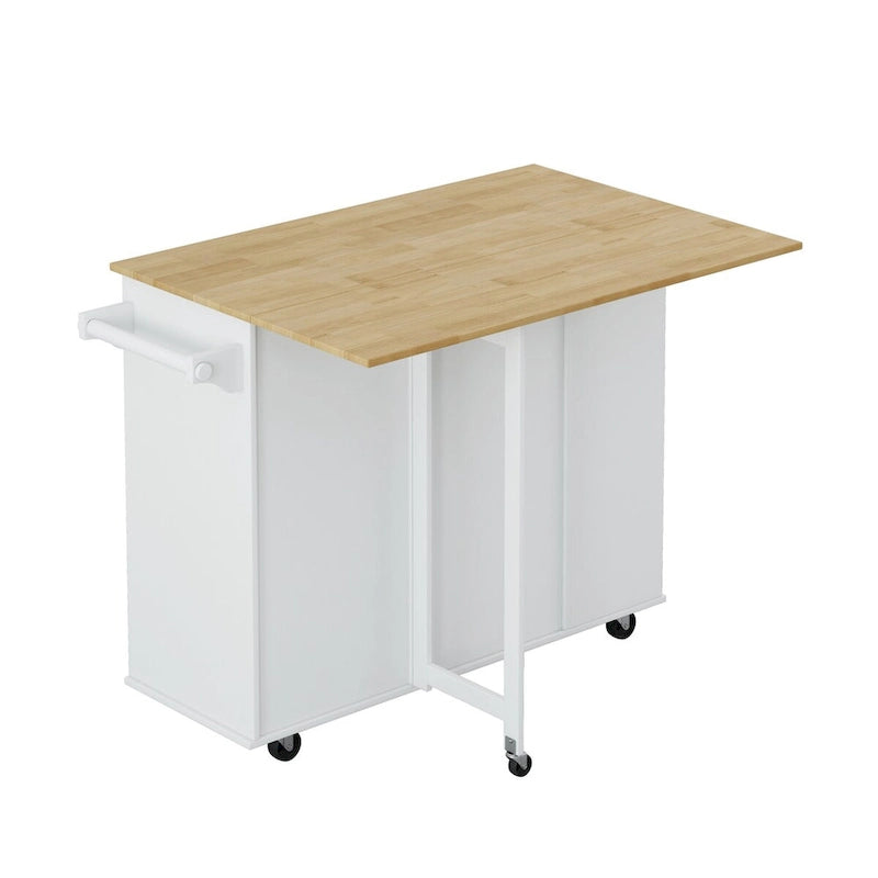 Multi-Functional Kitchen Island Cart with Spice Rack, Towel Holder, Wine Rack, and Foldable Rubberwood Table Top