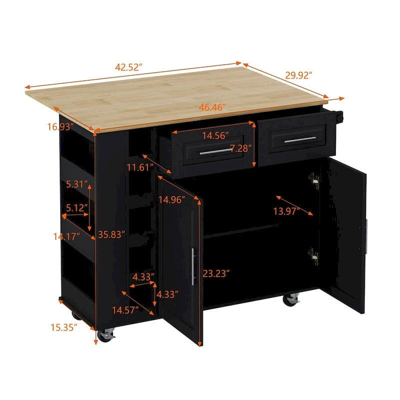 Multi-Functional Kitchen Island Cart with Spice Rack, Towel Holder, Wine Rack, and Foldable Rubberwood Table Top
