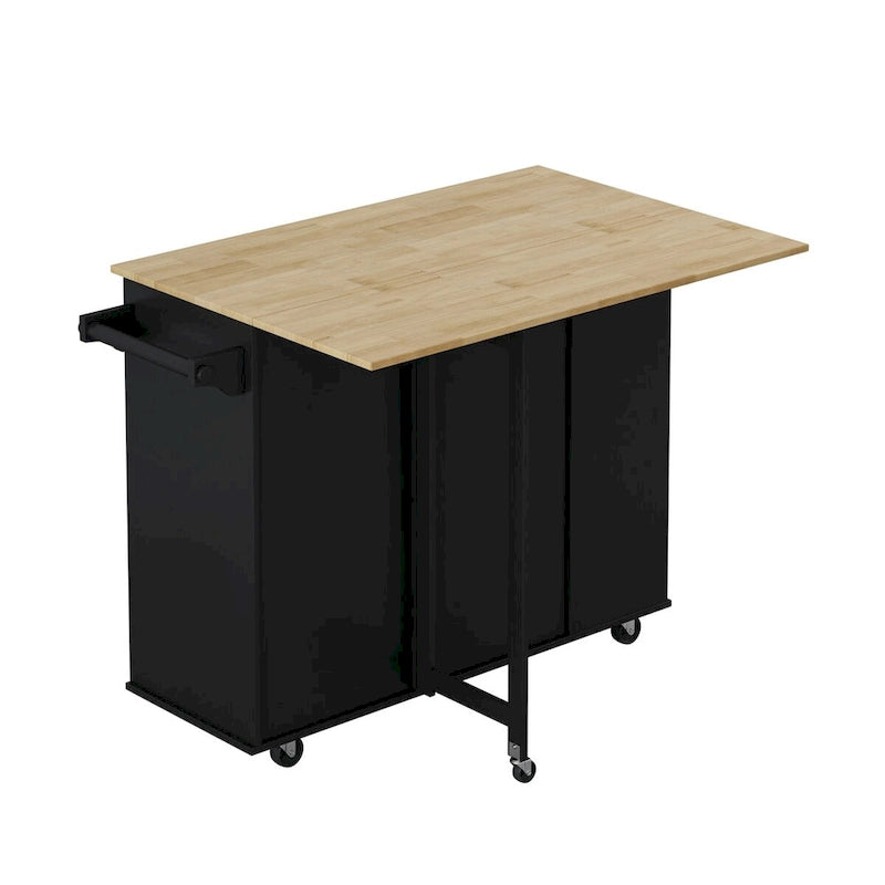 Multi-Functional Kitchen Island Cart with Spice Rack, Towel Holder, Wine Rack, and Foldable Rubberwood Table Top