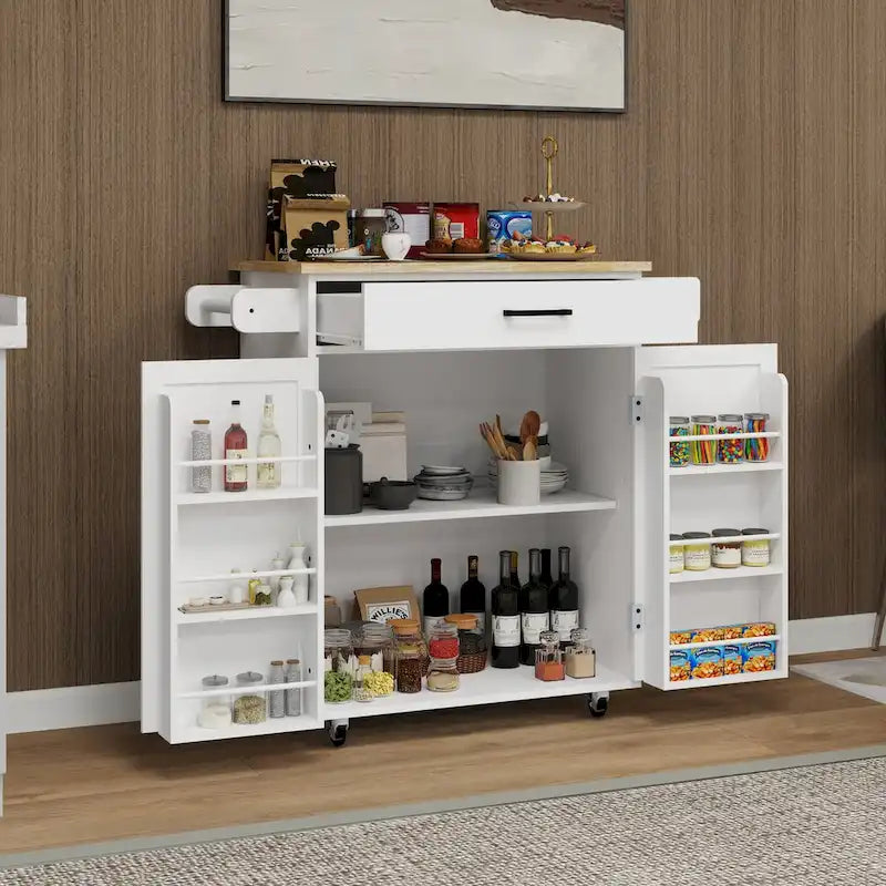 Kitchen Island Rolling Trolley Cart with Drawer, Doors, Storage Racks, Adjustable Shelves