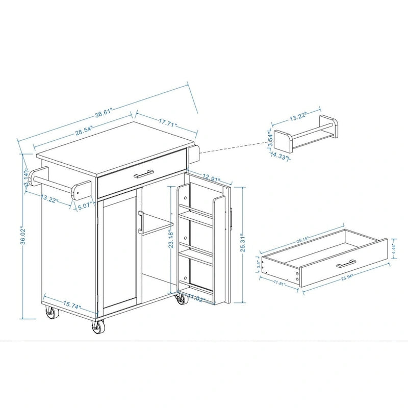 Kitchen Island Rolling Trolley Cart with Drawer, Doors, Storage Racks, Adjustable Shelves