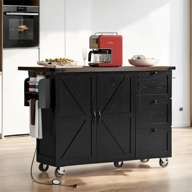 54.5Wood Rolling Kitchen Island w/ Power Outlet,Internal Storage Rack