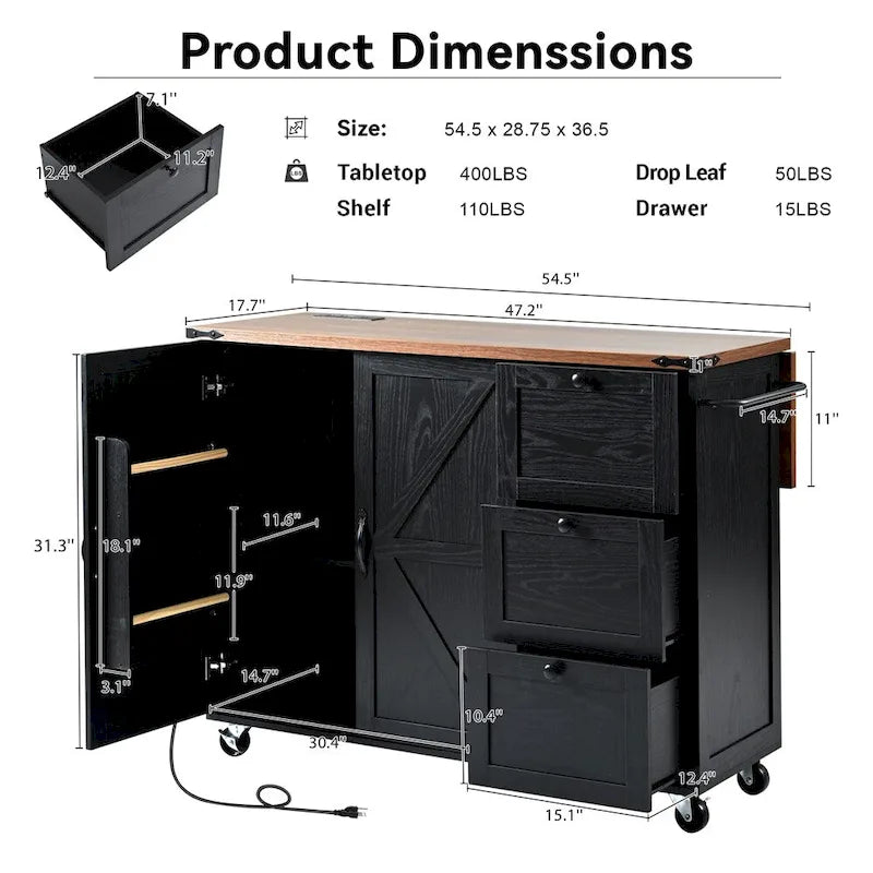 54.5Wood Rolling Kitchen Island w/ Power Outlet,Internal Storage Rack