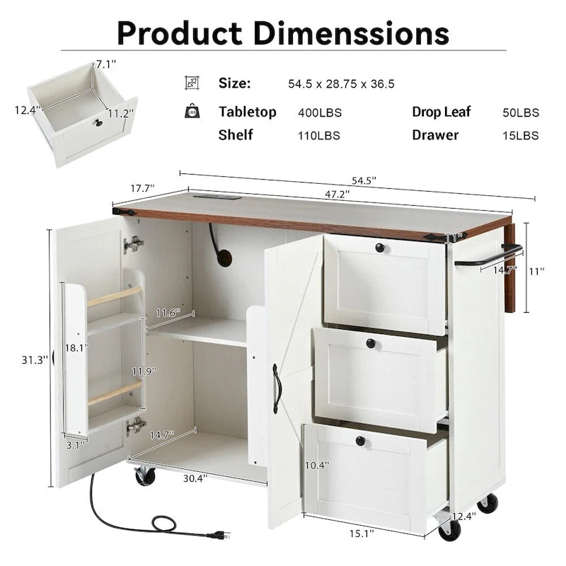 54.5Wood Rolling Kitchen Island w/ Power Outlet,Internal Storage Rack
