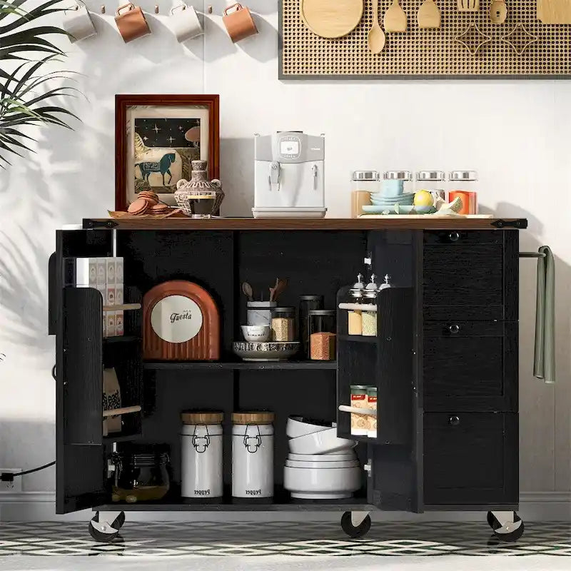 54.5Wood Rolling Kitchen Island w/ Power Outlet,Internal Storage Rack